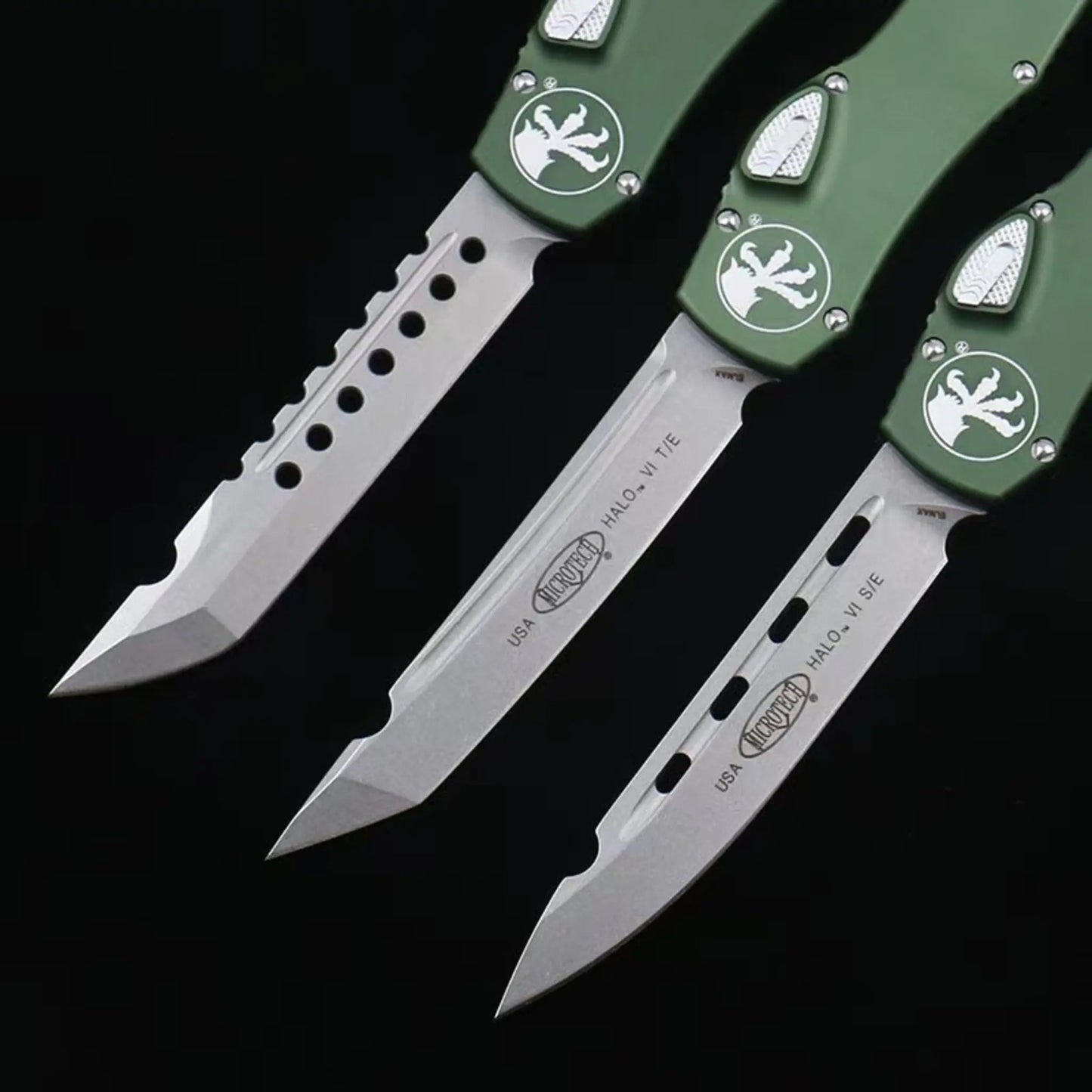 OTF micro-tech black handle Halo 6 lever straight jump knife