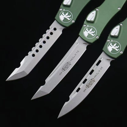 OTF micro-tech black handle Halo 6 lever straight jump knife
