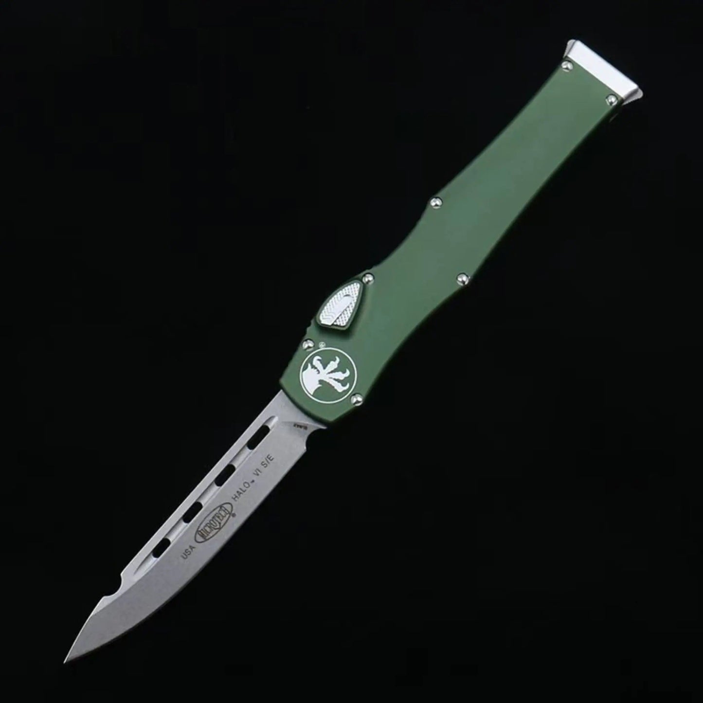 OTF micro-tech black handle Halo 6 lever straight jump knife
