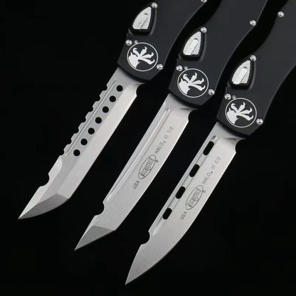 OTF micro-tech black handle Halo 6 lever straight jump knife