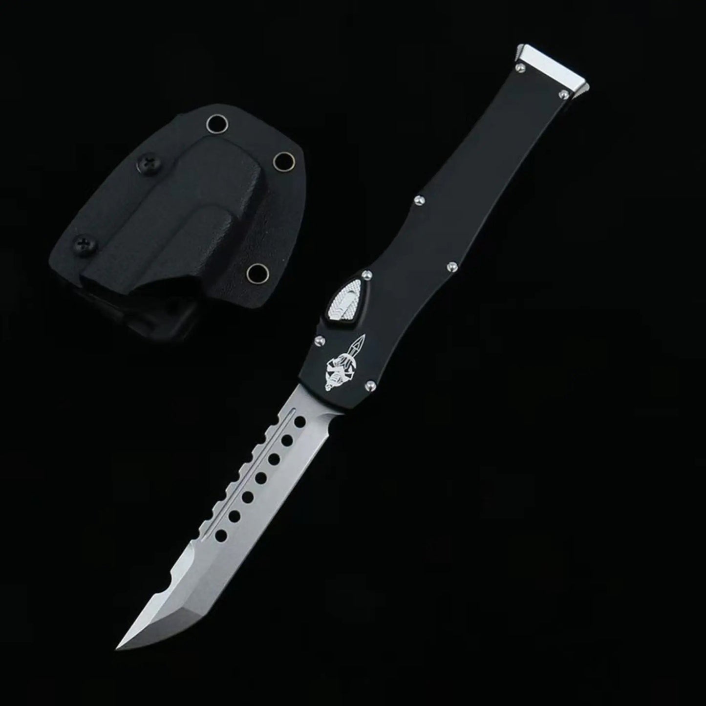 OTF micro-tech black handle Halo 6 lever straight jump knife