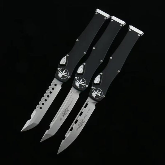 OTF micro-tech black handle Halo 6 lever straight jump knife