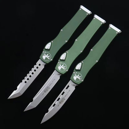 OTF micro-tech black handle Halo 6 lever straight jump knife
